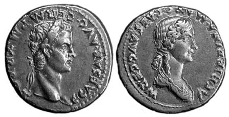 Silver denarius of Caligula and Agrippina