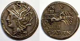 Denarius of L. Appuleius Saturninus with Head of Roma Left / Apollo in a Quadriga.