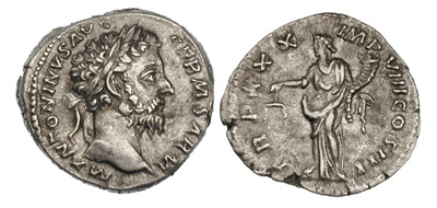 Emperor Marcus Aurelius portrait on a roman silver denarius