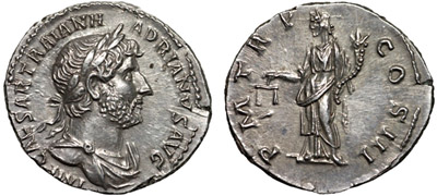Portrait of Emperor Hadrian on a roman silver denarius