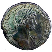 Emperor Hadrian portrayed on a roman sestertius