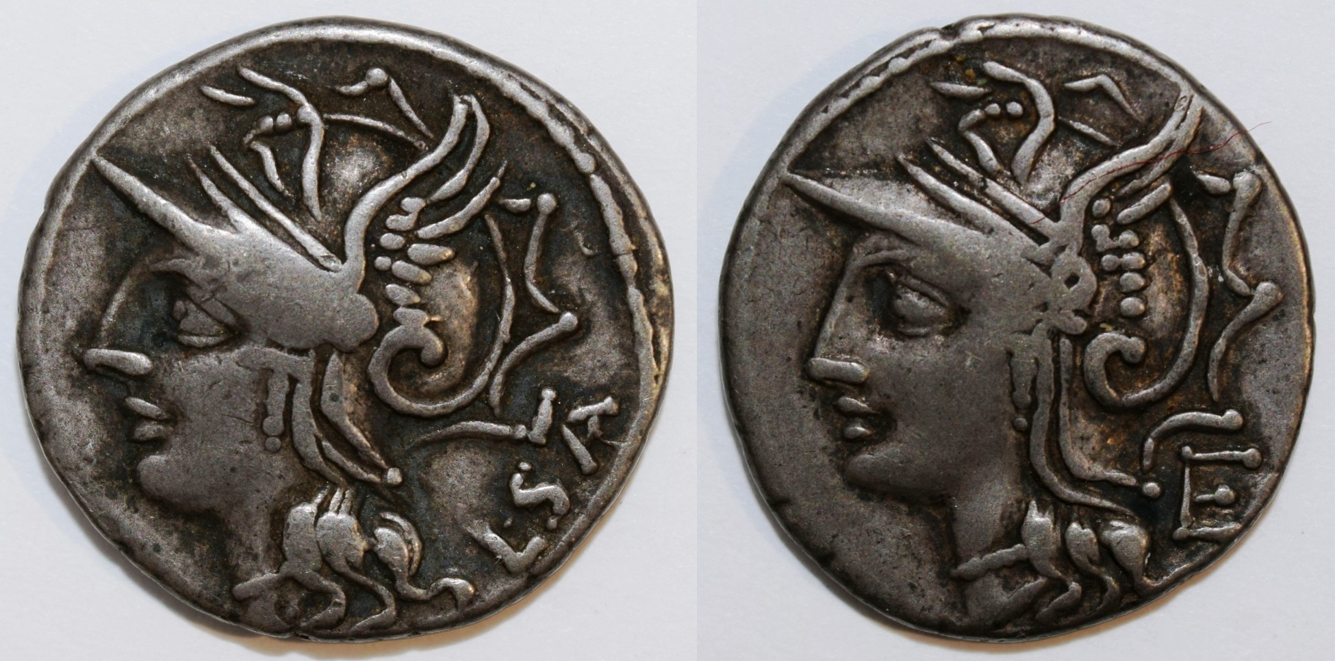 Denarius of L. Appuleius Saturninus, Head of Roma Left / Head of Roma Left.
