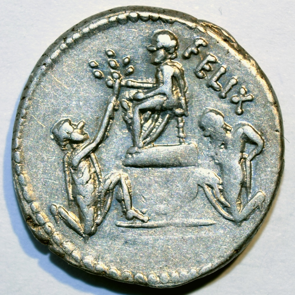 Denarius of Faustus Cornelius Sulla (son of Sulla the Dictator) showing Bocchus of Mauritania and King Jugurta with hands tied both kneeling before Sulla