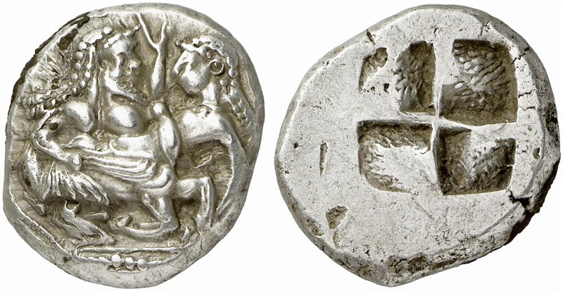 Thraco-Macedonian stater showing running centaur abducting nymph