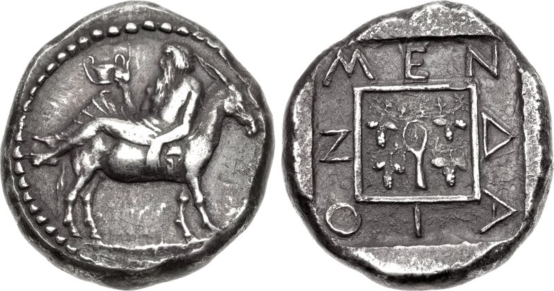 Mende tetradrachm with inebriated Dionysos reclining on back of an ass