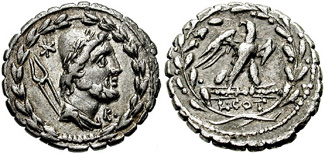 Denarius of Lucius Aurelius Cotta with head of Vulcan (Hephaestus)