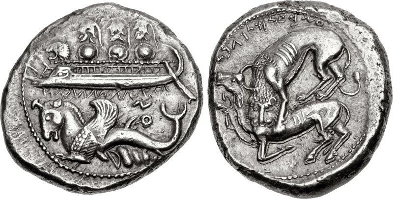 Byblos shekel portraying hoplite laden galley over hippocamp