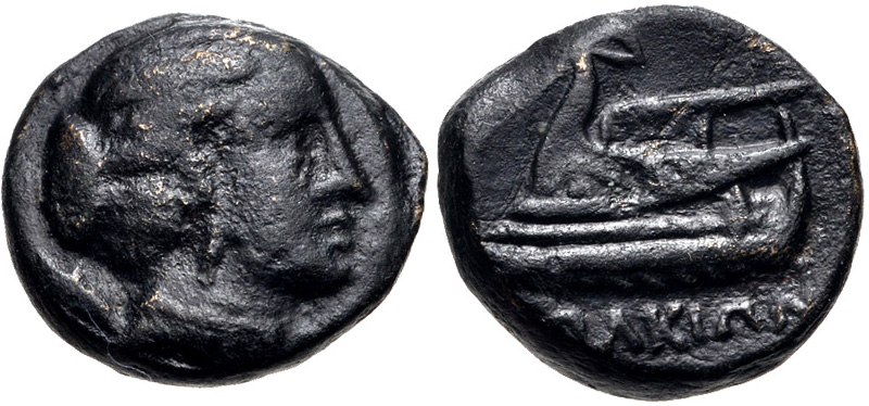 Iolkos bronze with head of Artemis, the galley Argo on the reverse