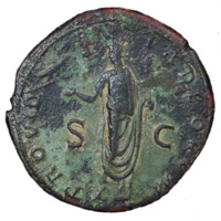Reverse of a sestertius of Emperor Hadrian showing Hadrian standing with hand raised